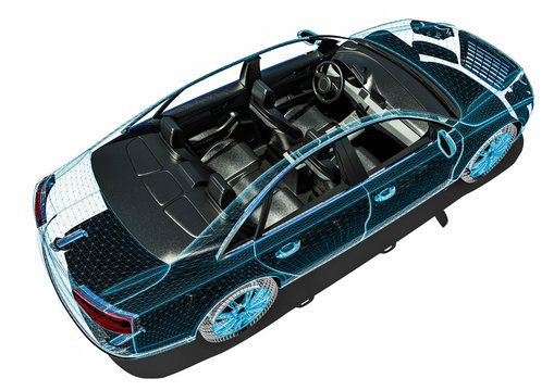 Car interior development process / 3D render image of an car in wire frame representing a car interior development process