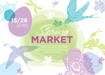 Spring Fair. Easter and spring elements on a white background with place for text. Vector template for the poster / banner / invitation to the spring fair, sale, concert, exhibition. Horizontal format