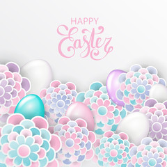 Happy Easter elegant floral background with 3d paper flowers eggs and place for text. Spring easter greeting card.. Paper cut spring flower holiday texture in pastel colors. Vector illustration
