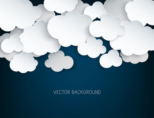 Paper art fluffy clouds in midnight. Modern 3d origami paper art style. Vector illustration, dark night sky