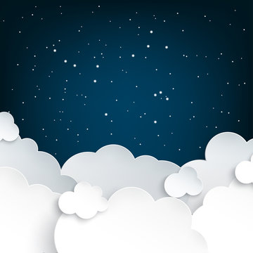 Paper art fluffy clouds and stars in midnight. Modern 3d origami paper art style. Vector illustration, dark night sky
