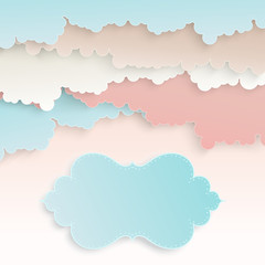 Colorful paper cut fluffy clouds background. Modern 3d paper art style. Vector illustration in pastel colors