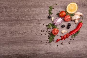 Healthy food background / studio photo of different fruits and vegetables on wooden table. Copy space. High resolution product
