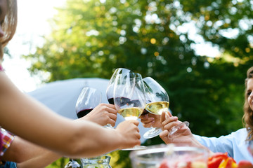 People Cheering With Drinks At Outdoor Dinner Party