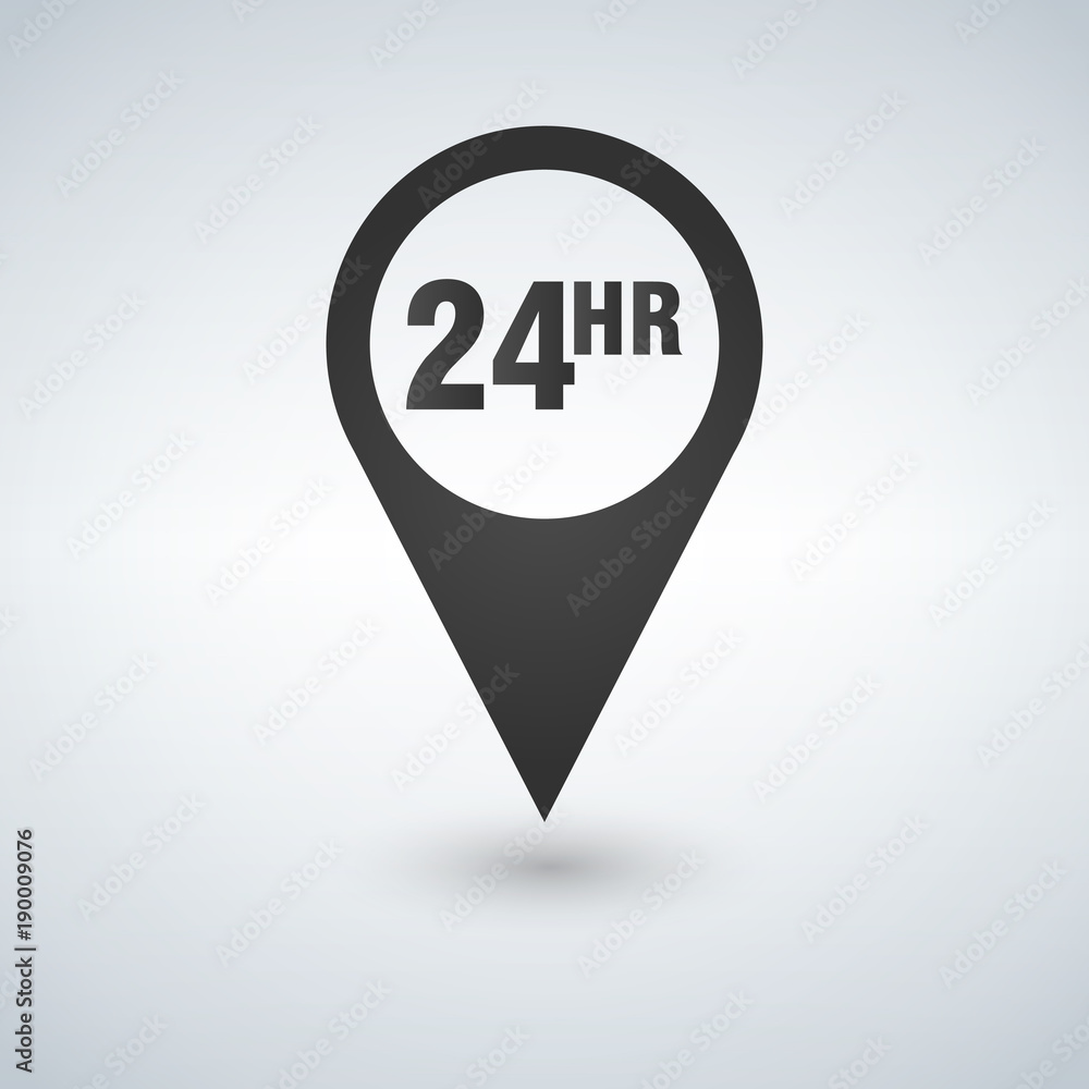 Poster open around the clock or 24 hours a day and 7 days a week symbol on map pin icon isolated on white b