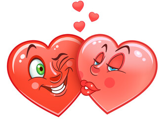 Cartoon red Hearts Kiss. Emoticons. Smiley. Emoji. Love Emotion symbol. Design element for Valentines Day greeting card, kids coloring book page, t-shirt print, icon, logo, label, patch, sticker.