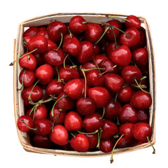 Pint container of sour cherries isolated on white