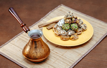 Turkish sweets on a wooden table
