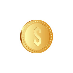 3d realistic golden metallic dollar coin, with rotate 20 degrees, isolated on white background. Vector illustration.