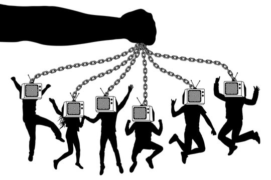 Man of TV. The hand holds a zombie crowd of people with television. The puppeteer keeps the puppets on chains.
