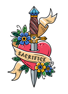 Heart pierced with ancient dagger . Sacrifice
