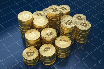 Stack of golden bitcoins. Many golden coins with bitcoin symbol. Cryptocurrency and virtual money concept, 3D rendering