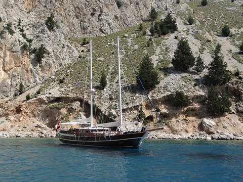 Wooden turkish sailng boat gulet near Symi Island