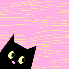 Black cat face on pink and yellow background with horizontal intermittent waves lines