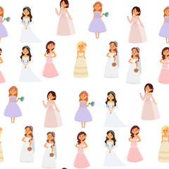 Wedding brides characters vector illustration celebration marriage fashion woman cartoon girl white ceremony marry dress seamless pattern background