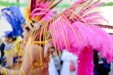 Blurry joyful female performers at the carnival party parade on outdoors background. Back side view having fun hot festive sexual glamour show with traditional sensual beauty feathers and clothing
