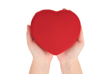 Obraz premium red heart on the palms, female hands holding bright red heart on white background top view