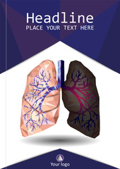 Book cover design low poly realistic human lungs and bronchus with cancer inflammation disease. Vector.