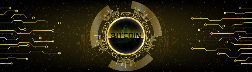 Golden Futuristic Bitcoin concept. HUD s[ace cosmic background with numbers and lines. Banner, brochure, technological lines. Digital Cryptocurrency. Vector.