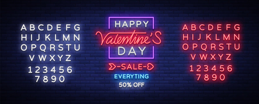 Valentine day sale neon sign. Vector illustration. Neon banner, light flyer, invitations, posters, brochures, banners. Bright advertising of discounts to the day of lovers. Editing text neon sign