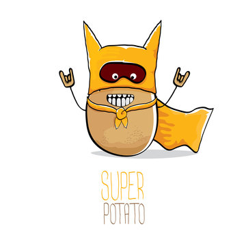 vector funny cartoon cute brown super hero potato with orange hero cape and hero mask isolated on white background. My name is potato vector concept. super vegetable food character