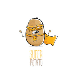 vector funny cartoon cute brown super hero potato with orange hero cape and hero mask isolated on white background. My name is potato vector concept. super vegetable food character