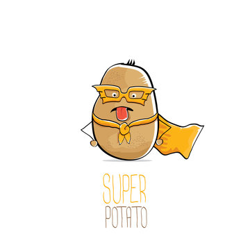 vector funny cartoon cute brown super hero potato with orange hero cape and hero mask isolated on white background. My name is potato vector concept. super vegetable food character