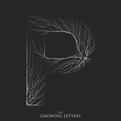 Vector letter P of branch or cracked alphabet. P symbol consisting of growing white lines. Fractured letters. Lighting silhouet of capital letters. Abstract font.
