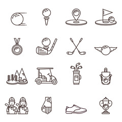 Collection of golf equipment icons and symbols in flat outline design: golfball, tee, hole, course, cart, bag, golfer, cup, bag, club, shoe, glove, medal.  Set of golfing game line signs and elements.