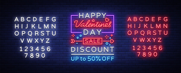 Valentines Day sale vector design template poster in neon style. Neon sign, neon banner with discounts, bright night advertising, brochure, flyer postcard. Vector illustration. Editing text neon sign