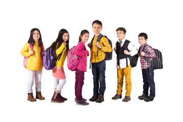 girl and boy students standing together with their backpack
