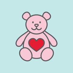teddy bear with heart color line flat icon on blue background