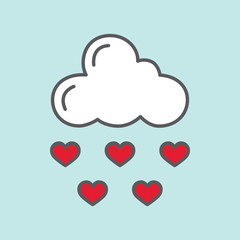 cloud and rain of hearts color line flat icon on blue background