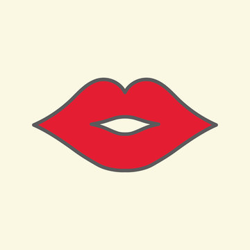 lips kiss red line flat icon on yellow background