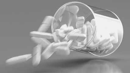 Weiße Tabletten fliegen aus einer Dose