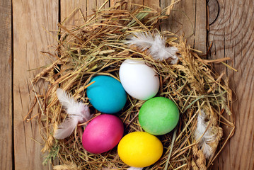 Fototapeta na wymiar Colorful easter eggs.Colored chicken eggs in nest with white feather.On wooden background.Copy space.Easter background. Copy space.Top view