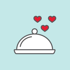 romance dinner. dish with hearts color line flat icon on blue background