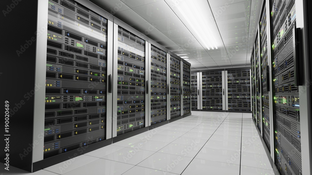 Poster computers and servers in datacenter. data storage and cloud services concept. 3d rendered illustrati