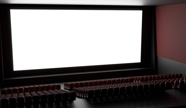 Blank screen in empty cinema hall. 3D rendered illustration.