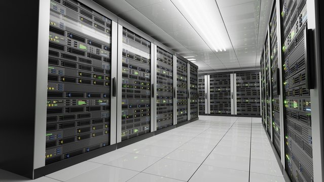 Computers and servers in datacenter. Data storage and cloud services concept. 3D rendered illustration.