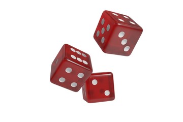 Three dice falling down isolated on white background. 3D rendered illustration.