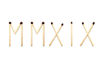 roman number two thousand nineteen of matches, on a white isolated background