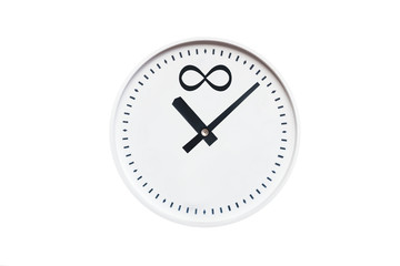 round white clock with infinity sign on white isolated background