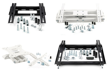 two black and two white disassembled brackets for TV on a white isolated background