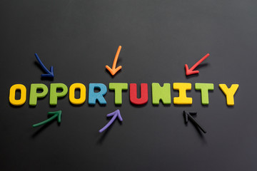 Concept of future opportunity in career path, job or work journey, colorful arrows pointing to the word OPPORTUNITY at the center on black chalkboard, motivation for life target or success in work