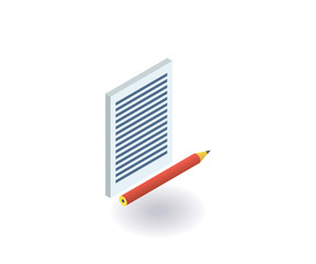 Paper and pencil icon. Vector illustration in flat isometric 3D style.