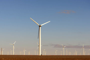 wind turbines in the desert with a blue sky