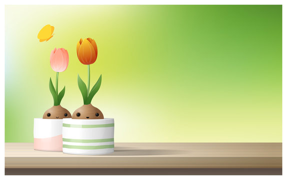 Hello Spring background with Spring flower Tulips on wooden table top , vector , illustration