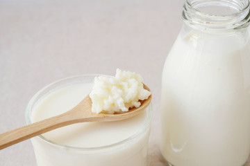 Organic probiotic milk kefir grains, Tibetan mushrooms on wooden spoon and kefir milk in glass containers