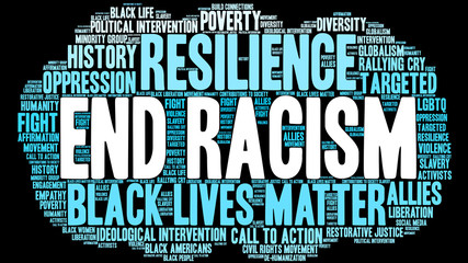 Obraz premium End Racism Word Cloud on a black background. 